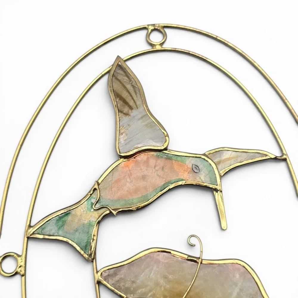 Vintage Hummingbird & Calla Lily Capiz Shell Suncatcher Wall Hanging 6x4